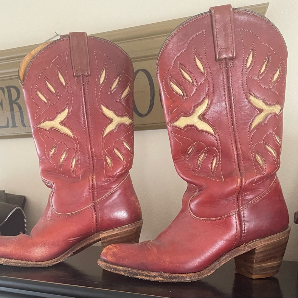 Frye Red and Tan Heeled Boots